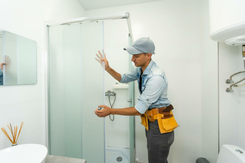 Un poseur qui pose la vitre du douche dans une salle de bain